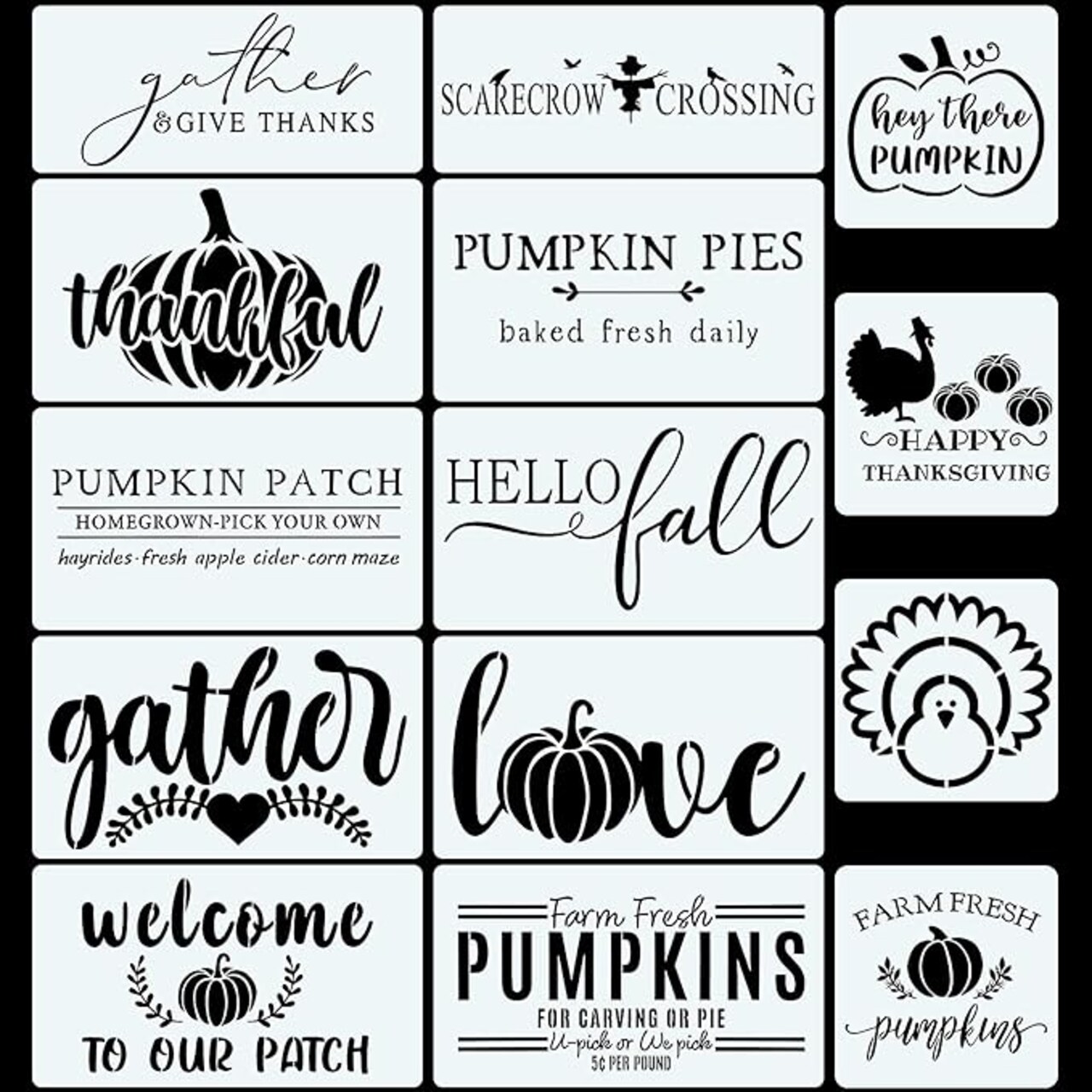 14 Pieces Fall Stencils Painting on Wood, Reusable Thanksgiving DIY Farmhouse Wood Signs Hello Fall: Gather Farm Fresh Pumpkin Turkey Templates for Home Decor Halloween Art Crafts, Assorted Sizes
